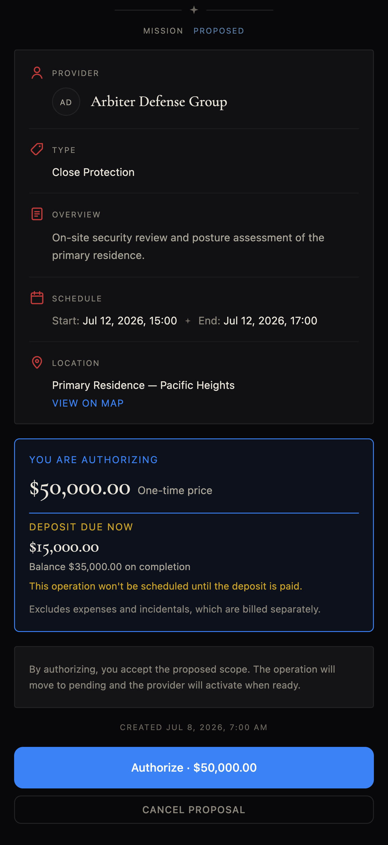 A priced service proposal awaiting authorization in the Arbiter application