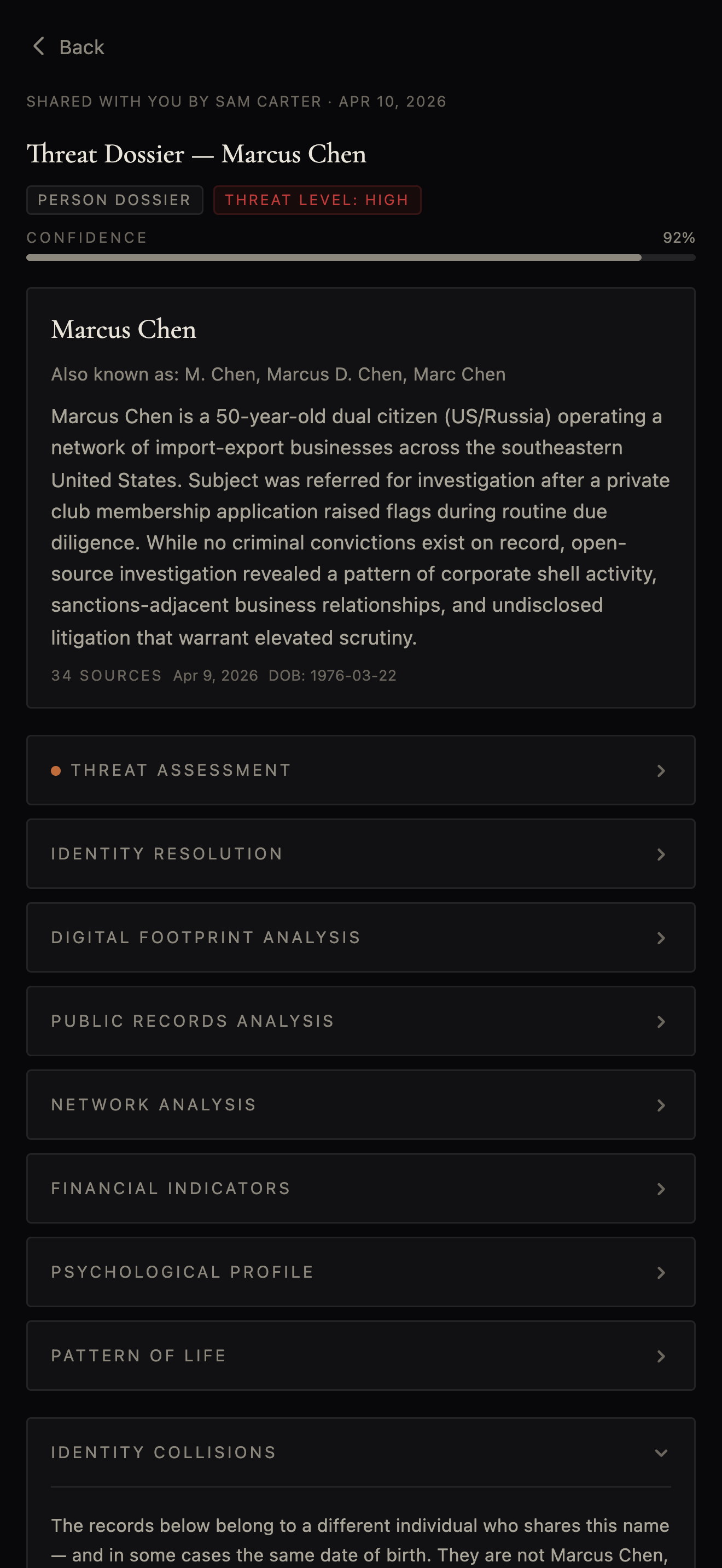 A finished intelligence product in the application