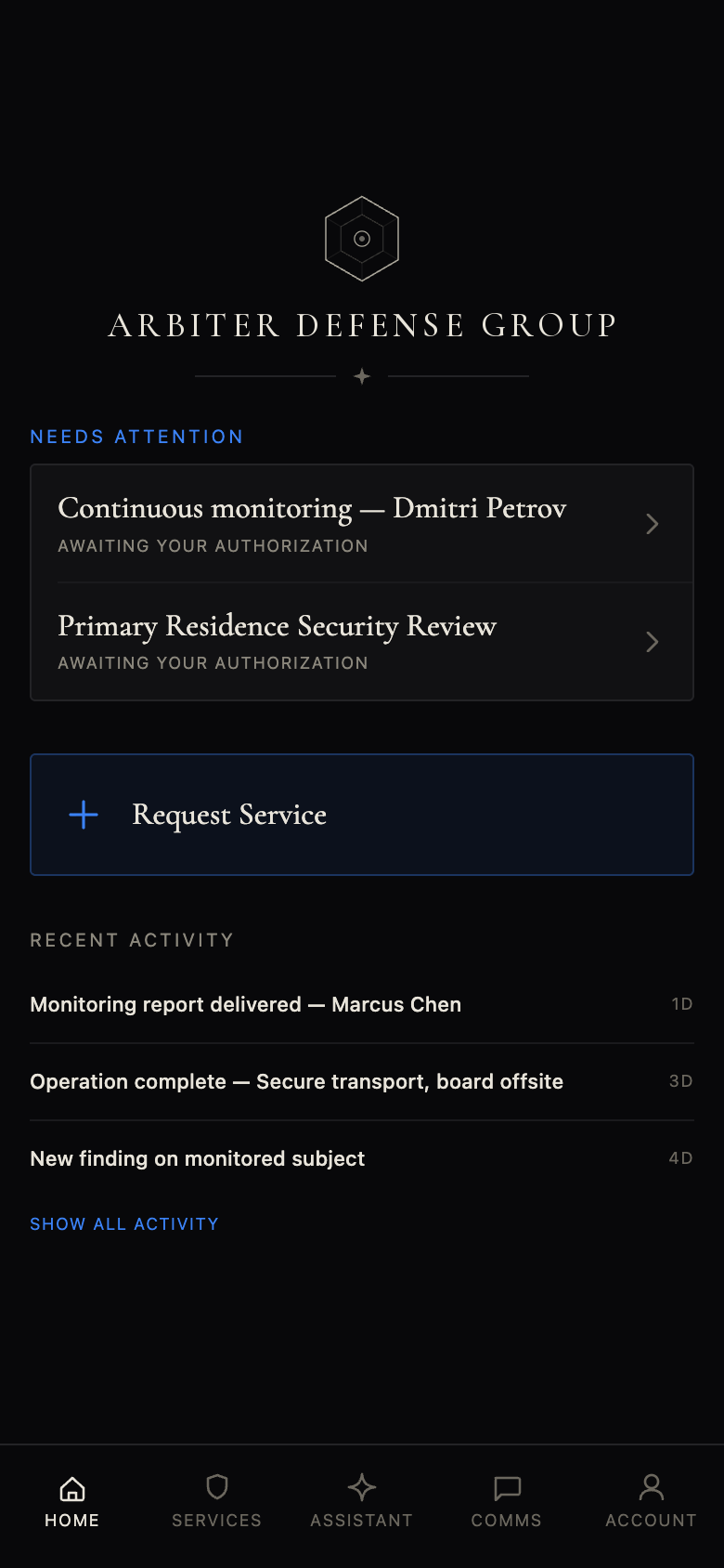 The Arbiter application home screen